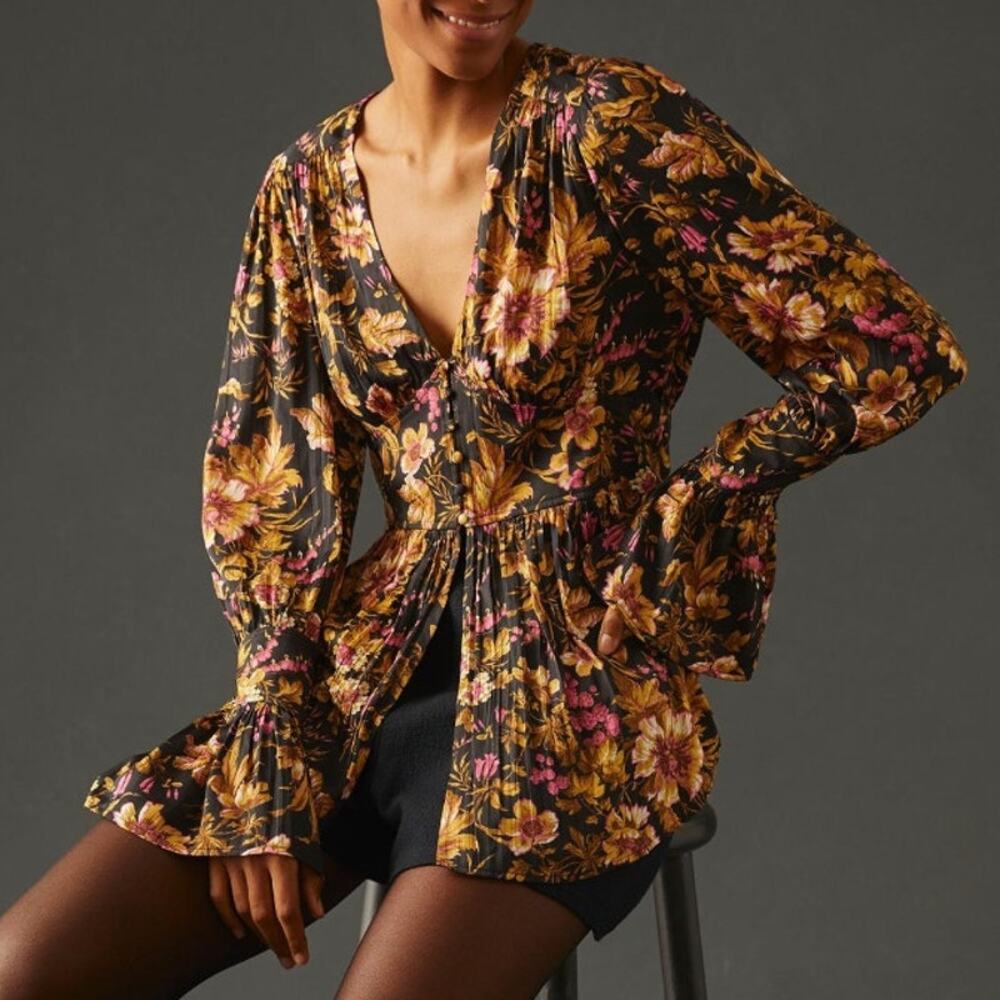 Anthropologie Floral Long Sleeve Blouse Size M